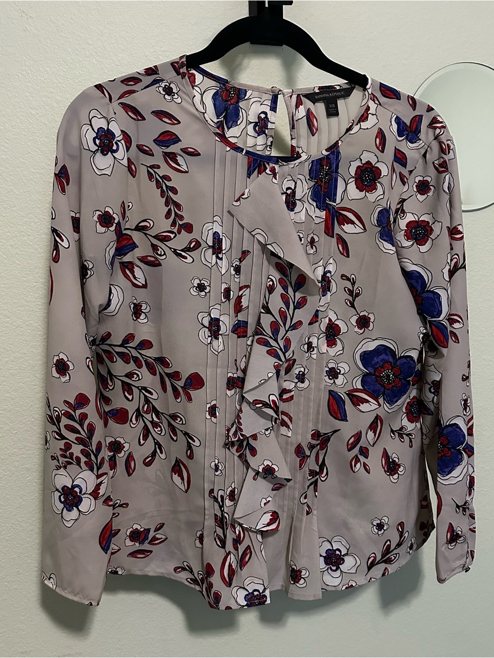 Banana Republic Floral Ruffle Blouse in Taupe with Blue and Red Accents
